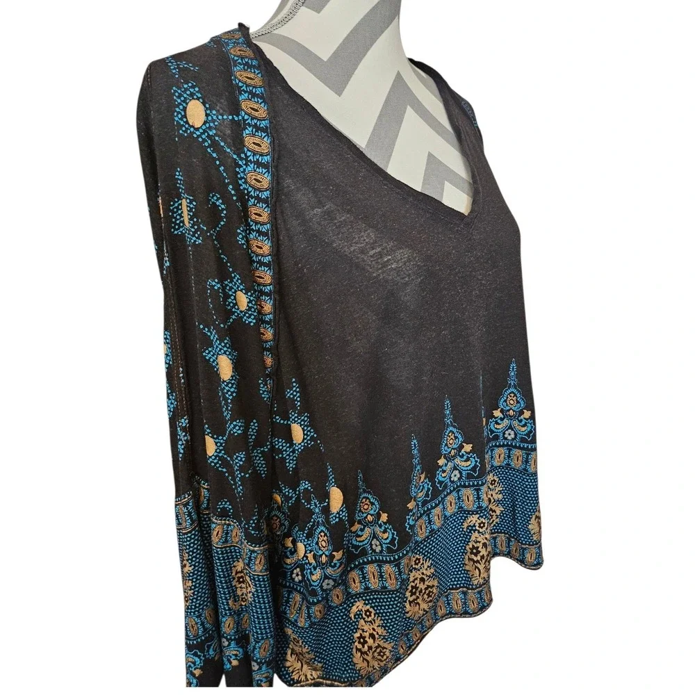 Free People Womens Boho Paisley Border Print V-Neck Linen Blend Top Black Medium